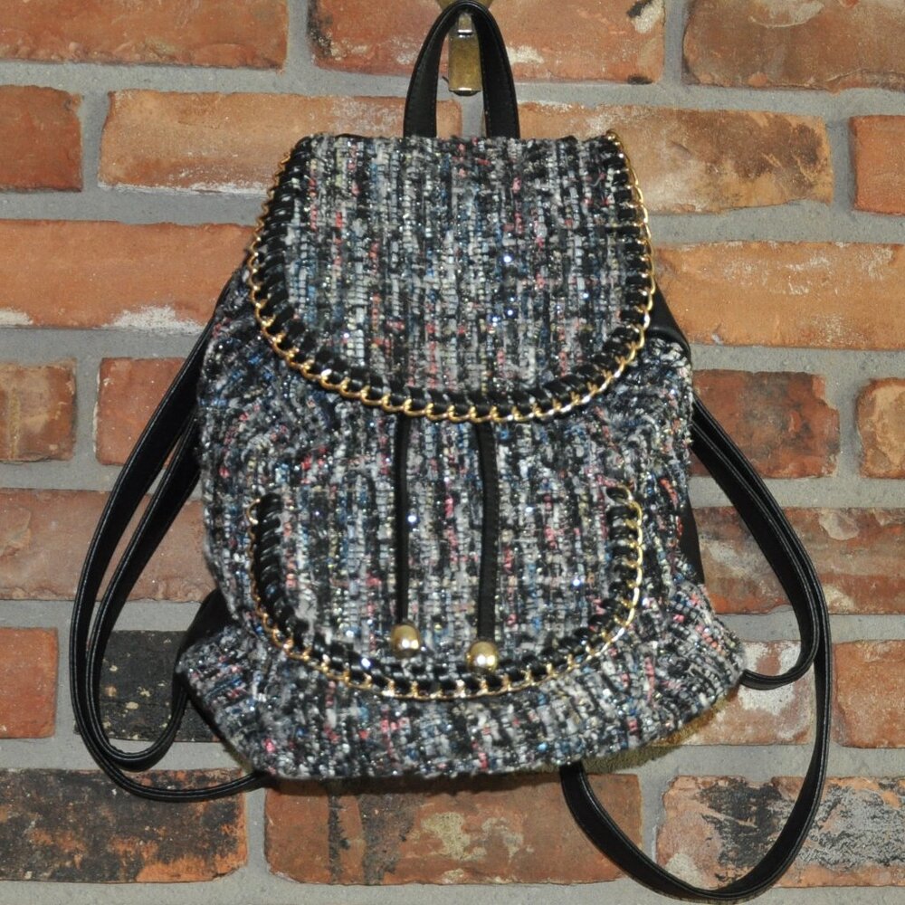 Call It Spring Tweed Woven Gold Chain Bling Backpack